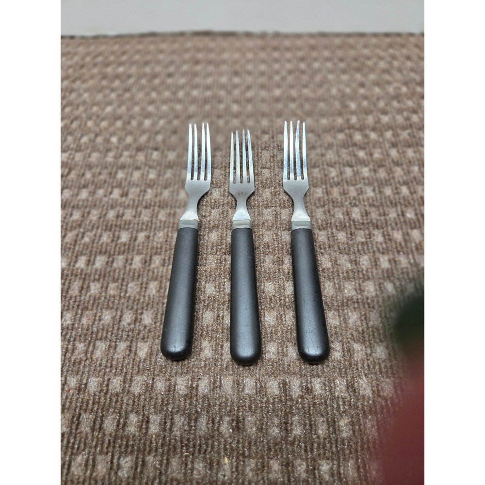 Vintage Unbranded Stainless Steel Salad Forks Black Essex Plastic Handles Set 3